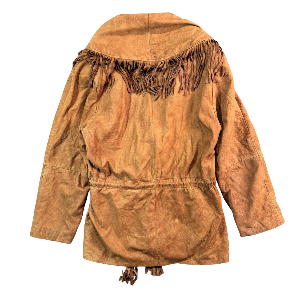 Vintage 80s-90s LNR Tan Suede Fringe Belted Shawl Collar Western Jacket Womens S