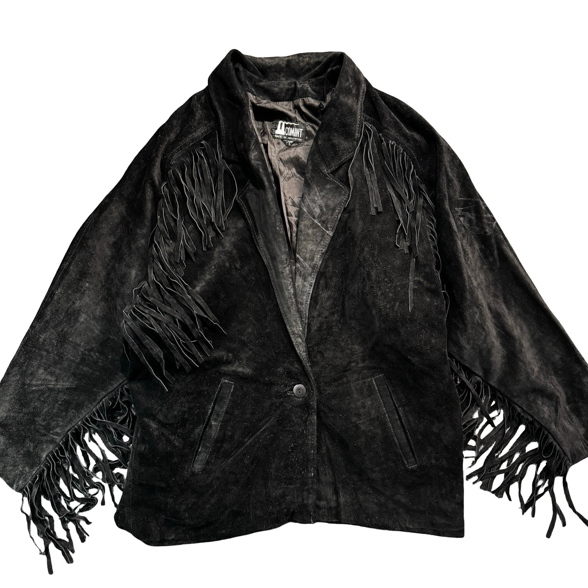 Vintage 80s-90s Comint Black Suede Fringe Batwing Blazer Jacket Made in Argentina Womens L