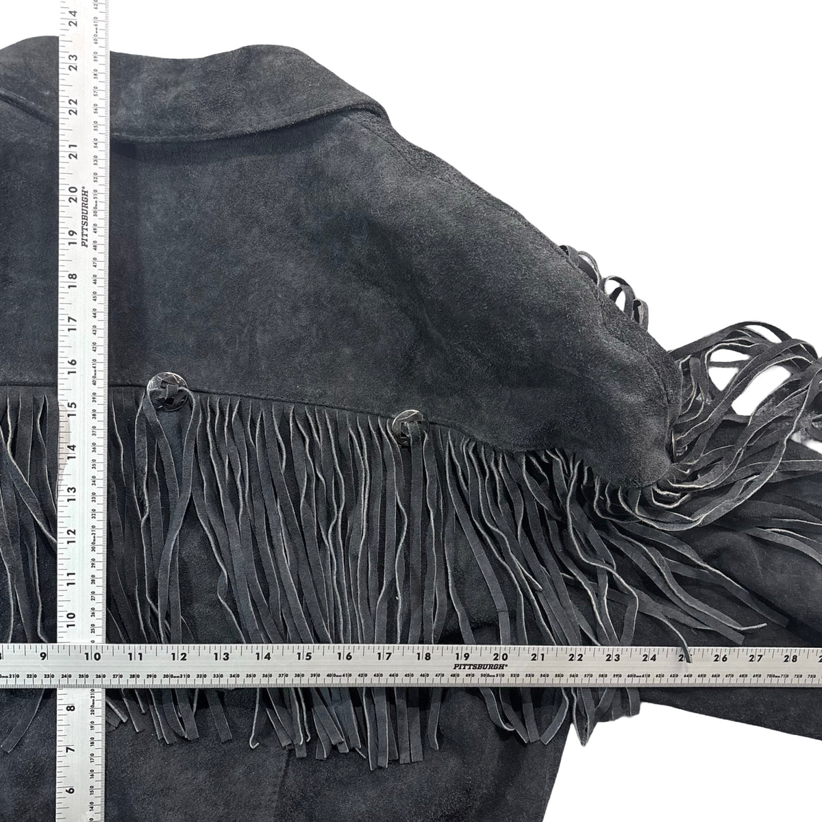 Vintage 80s-90s Yearbook Black Suede Fringe Concho Snap Front Western Jacket Womens L