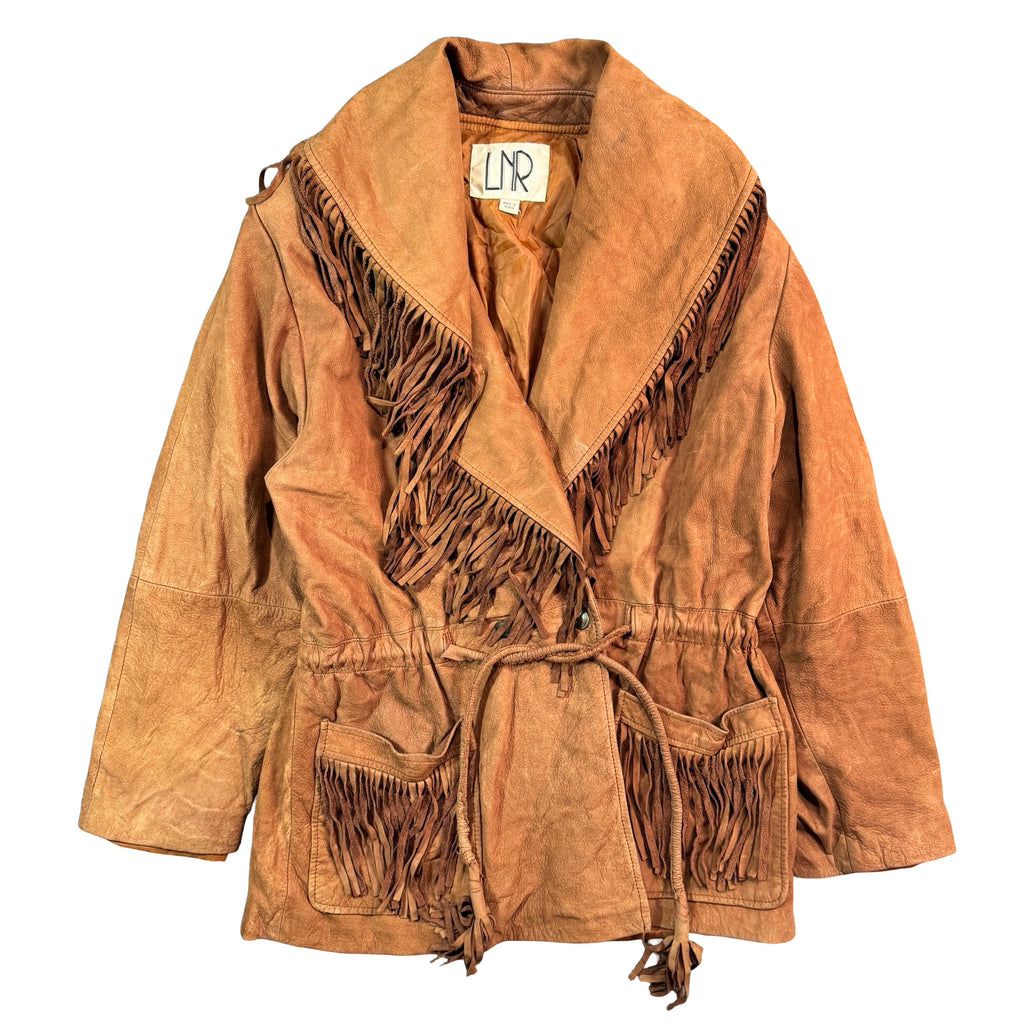 Vintage 80s-90s LNR Tan Suede Fringe Belted Shawl Collar Western Jacket Womens S