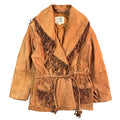 Vintage 80s-90s LNR Tan Suede Fringe Belted Shawl Collar Western Jacket Womens S