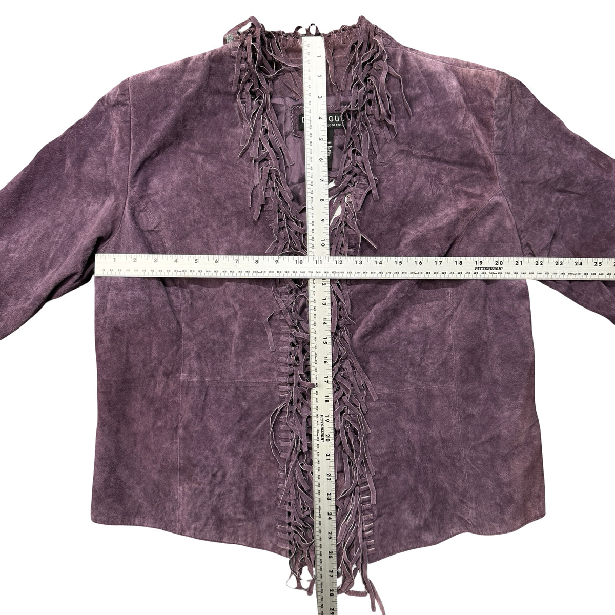 Dialogue purple suede fringe jacket laid flat with measuring tape