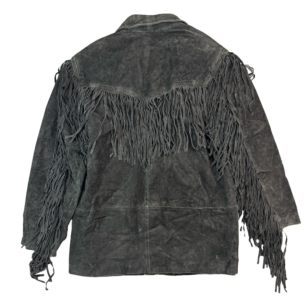 Vintage 80s-90s Global Identity G-III Charcoal Suede Fringe Concho Button Blazer Jacket Womens L