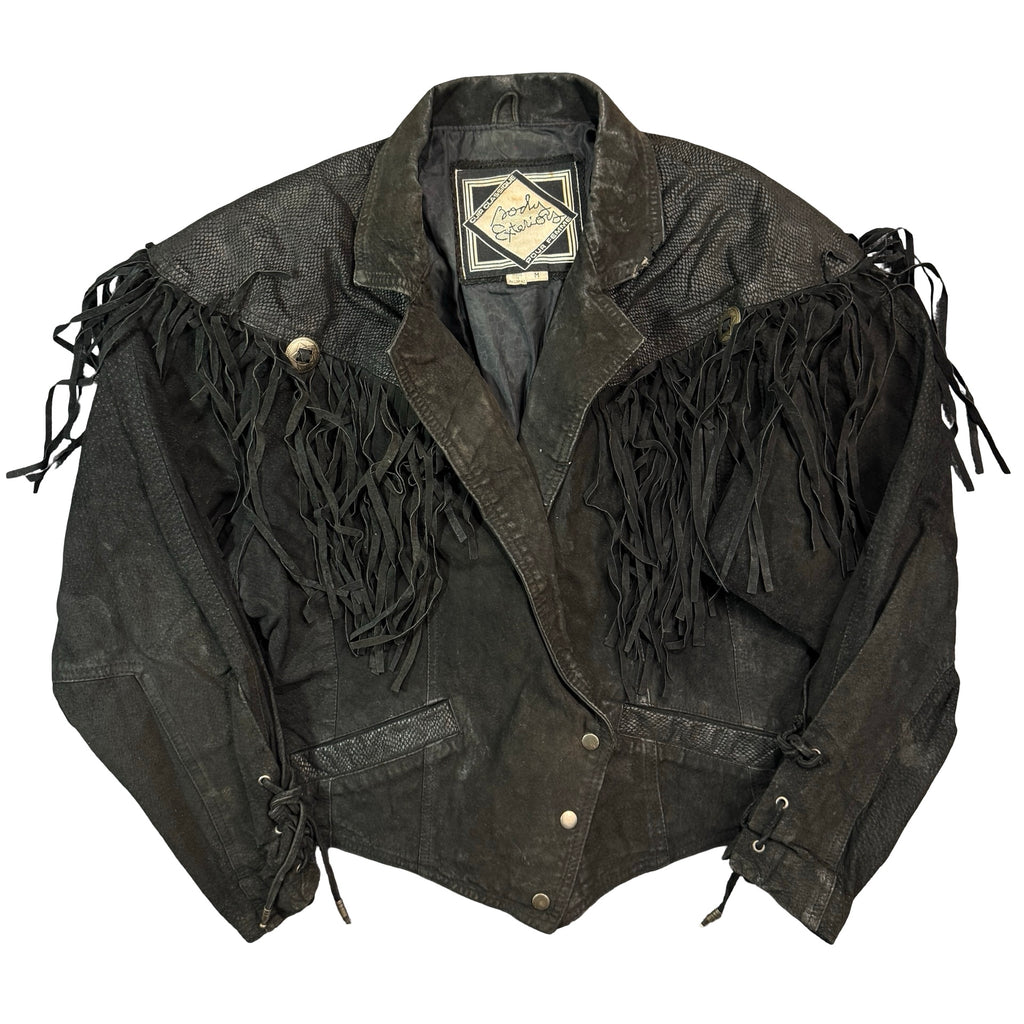 Vintage 80s-90s Body Exteriors Black Suede Fringe Concho Lace Up Western Jacket Womens M