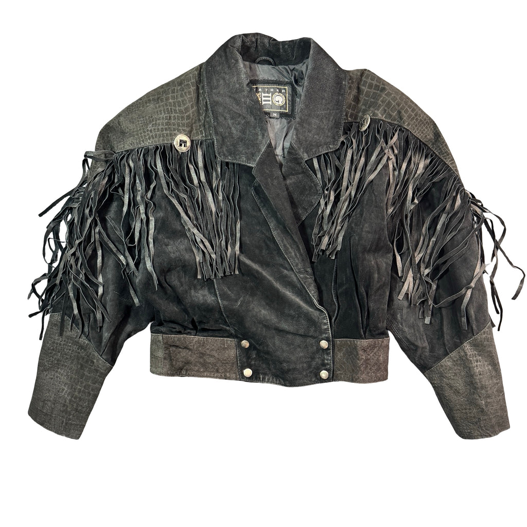Vintage 90s Black Suede Fringe Concho Snake Embossed Yoke Cropped Western Jacket Womens M