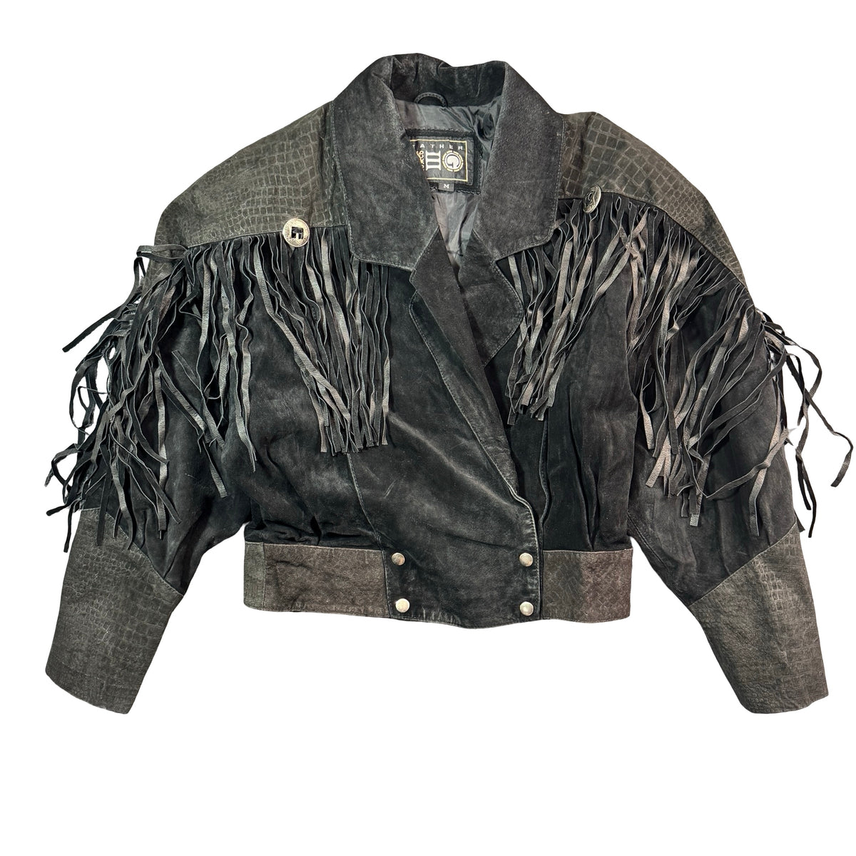 Vintage 90s Black Suede Fringe Concho Snake Embossed Yoke Cropped Western Jacket Womens M