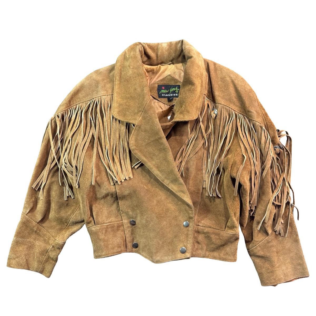Vintage New York Classics tan suede fringe concho jacket front