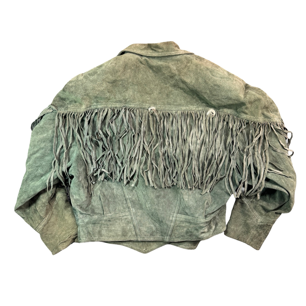 Vintage 80s-90s Jay Jacobs Sage Green Suede Fringe Concho Cropped Jacket Made in Korea Womens M