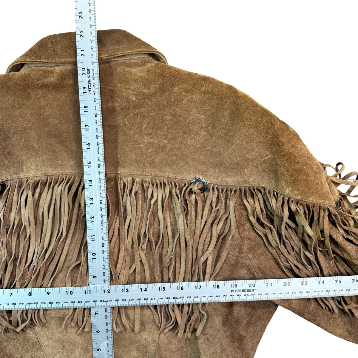 Vintage 90s Yearbook Tan Suede Fringe Cropped Snap Front Western Jacket Made in Korea Womens