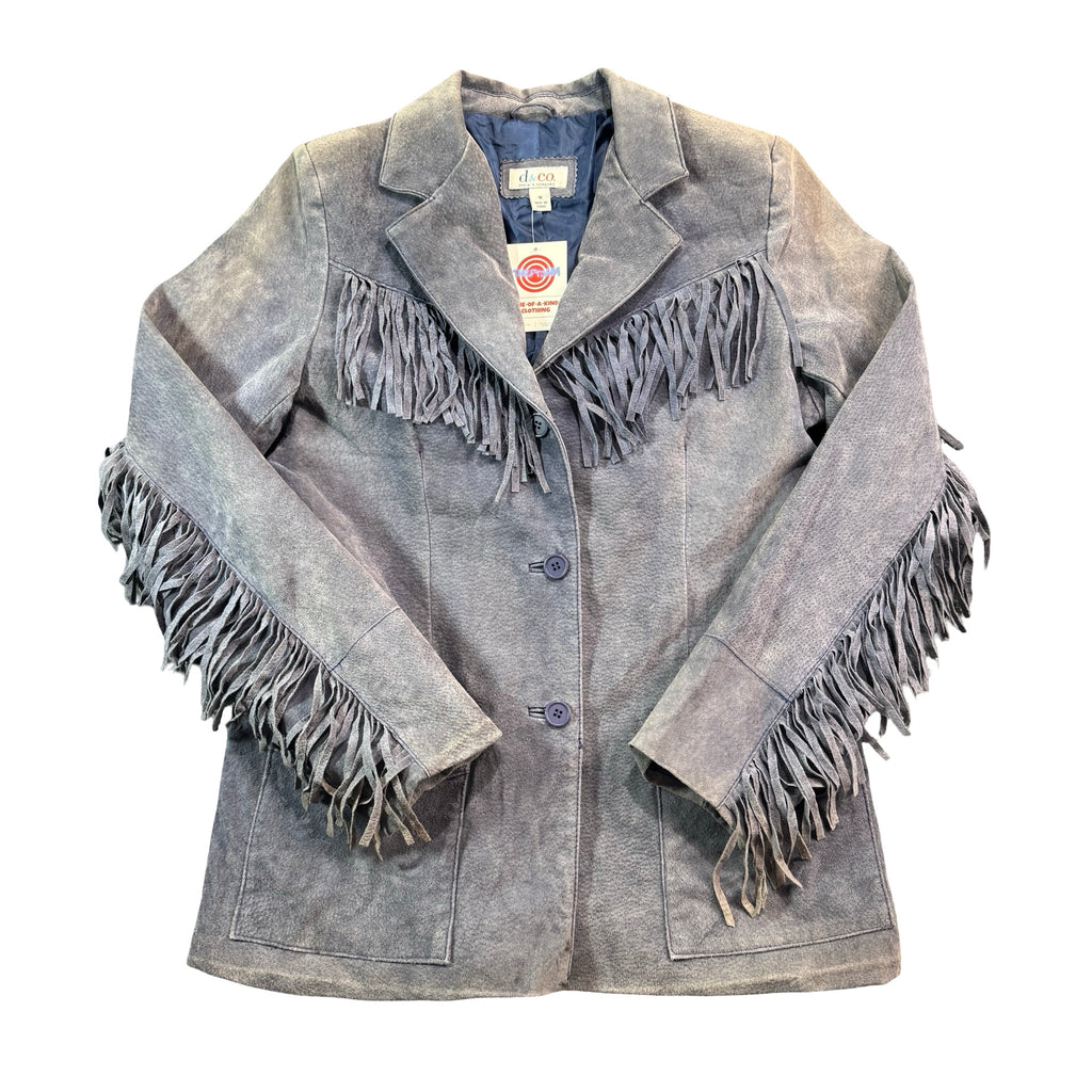 Y2K d&co slate blue distressed suede fringe jacket, front view