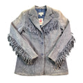 Y2K d&co slate blue distressed suede fringe jacket, front view