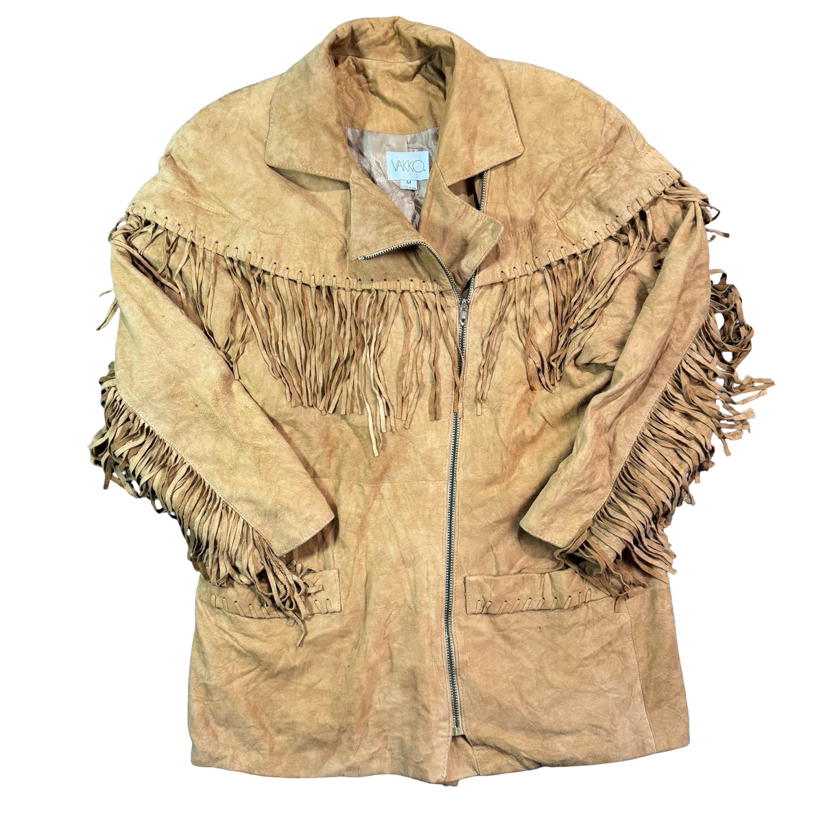 Vintage 90s Vakko Tan Suede Fringe Capelet Zip Front Western Jacket Made in USA Womens M