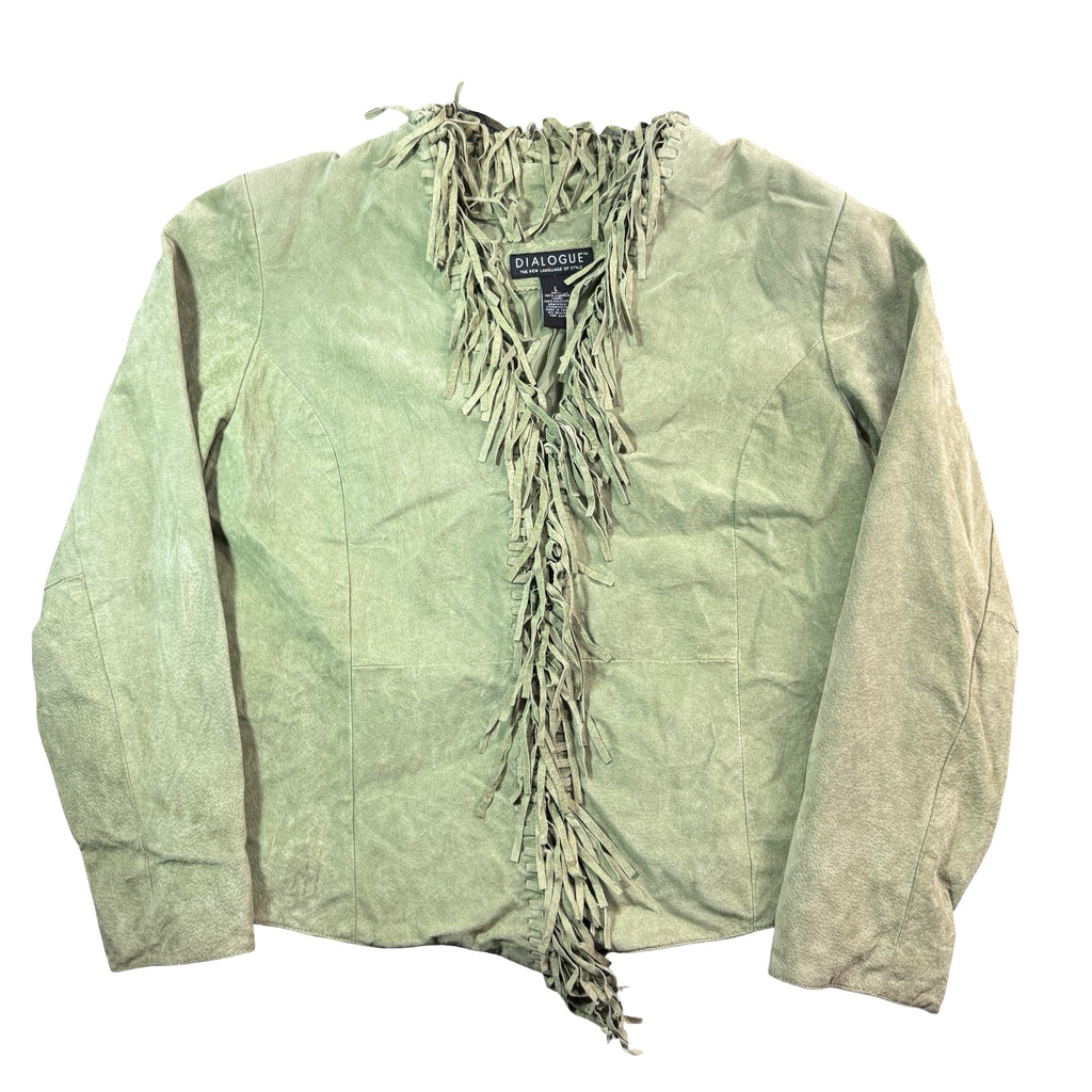 Y2K Dialogue sage green suede laced fringe open front jacket, front view