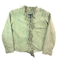 Y2K Dialogue sage green suede laced fringe open front jacket, front view