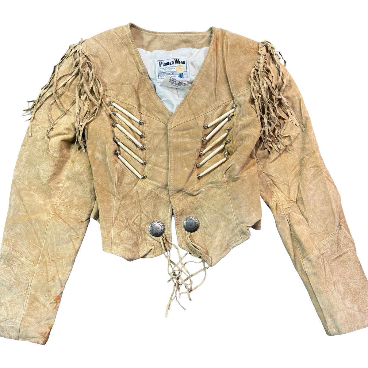 Vintage 80s-90s Pioneer Wear Sand Suede Fringe Bone Applique Western Jacket Made in USA Womens S