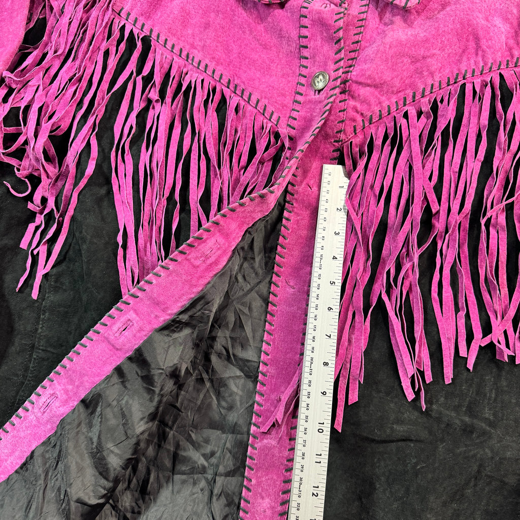 Vintage 90s Bob Mackie Wearable Art Pink Black Suede Fringe Whipstitch Button Front Western Jacket Womens Plus 3X