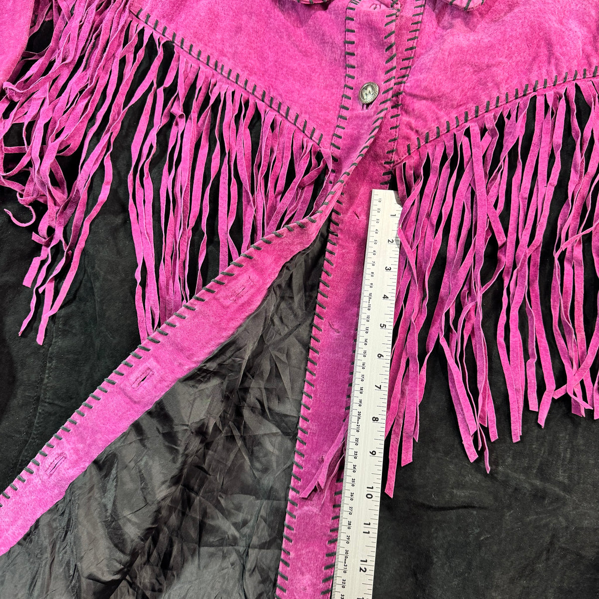 Vintage 90s Bob Mackie Wearable Art Pink Black Suede Fringe Whipstitch Button Front Western Jacket Womens Plus 3X
