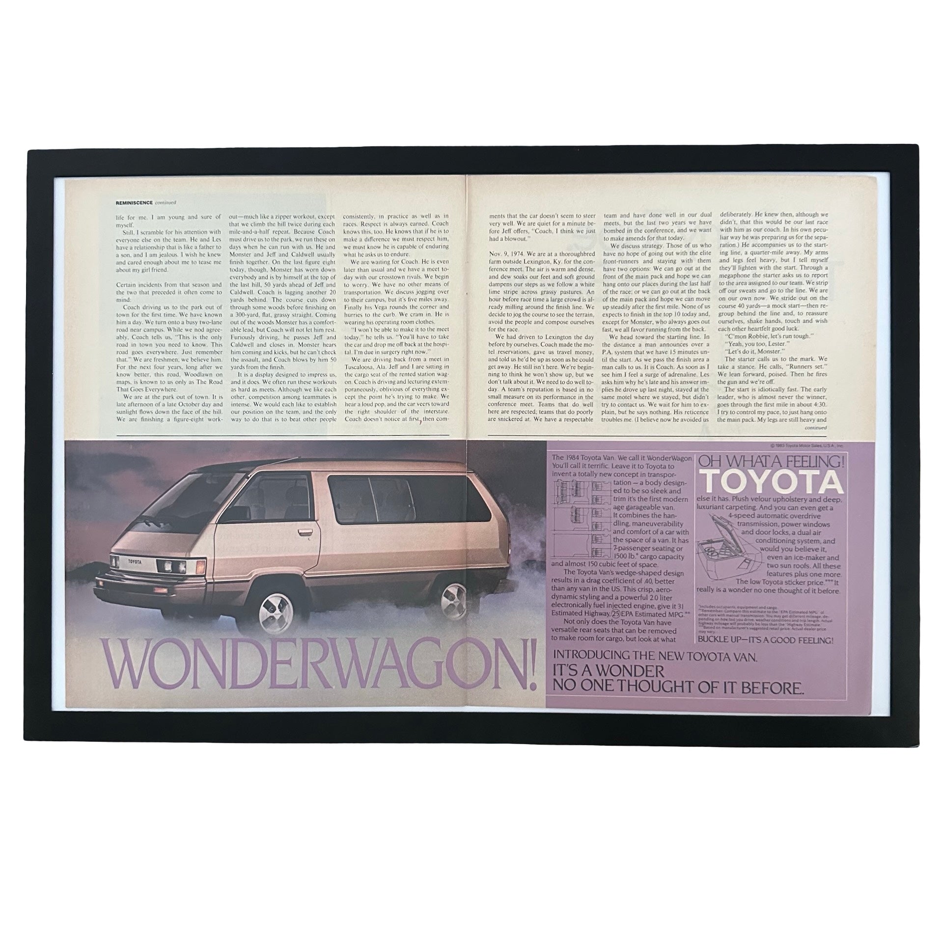 Framed vintage Toyota Van WonderWagon double page magazine ad on white background