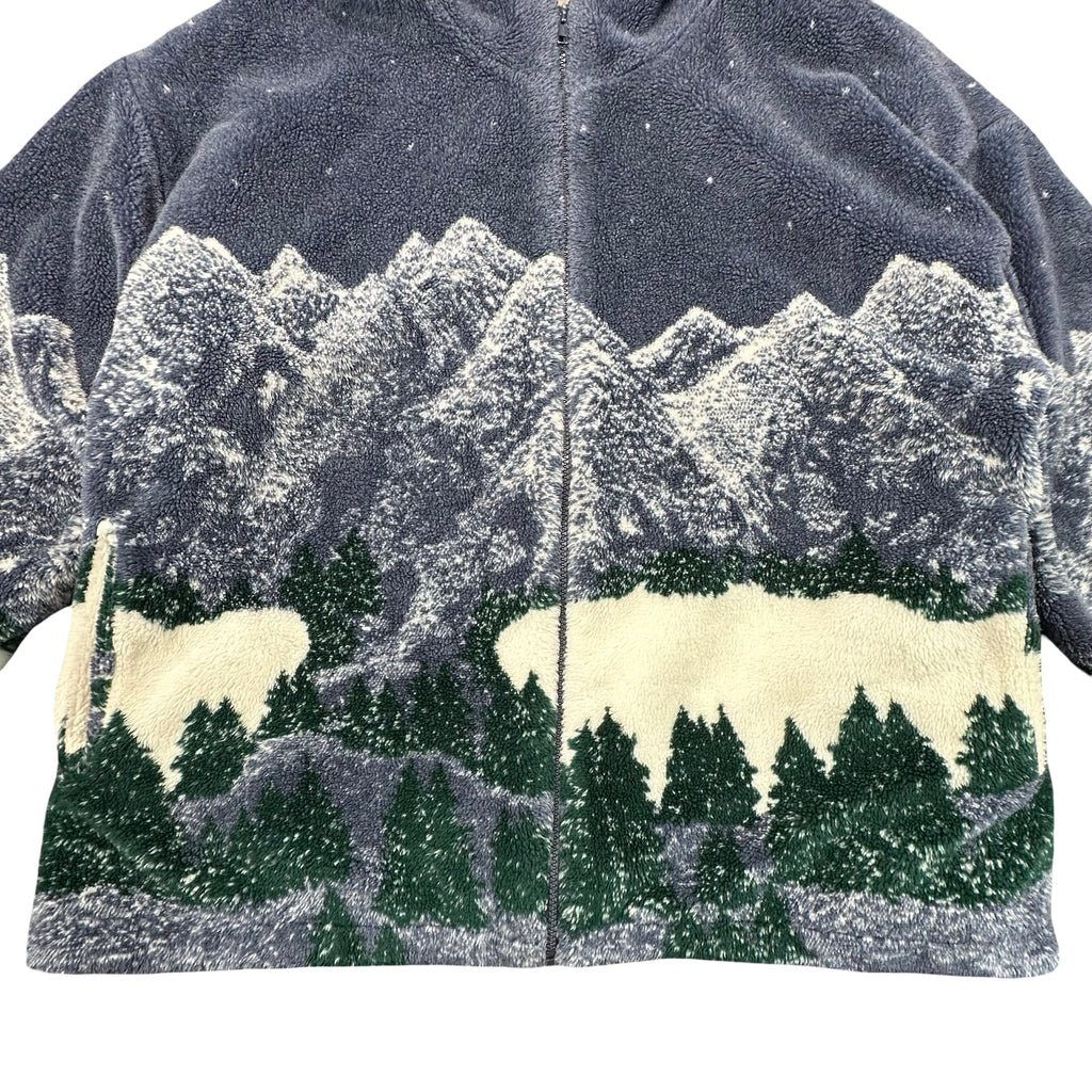 Vintage Country Woods Sherpa Lined Mountain Wolf Print Fleece Zip Jacket 2XL
