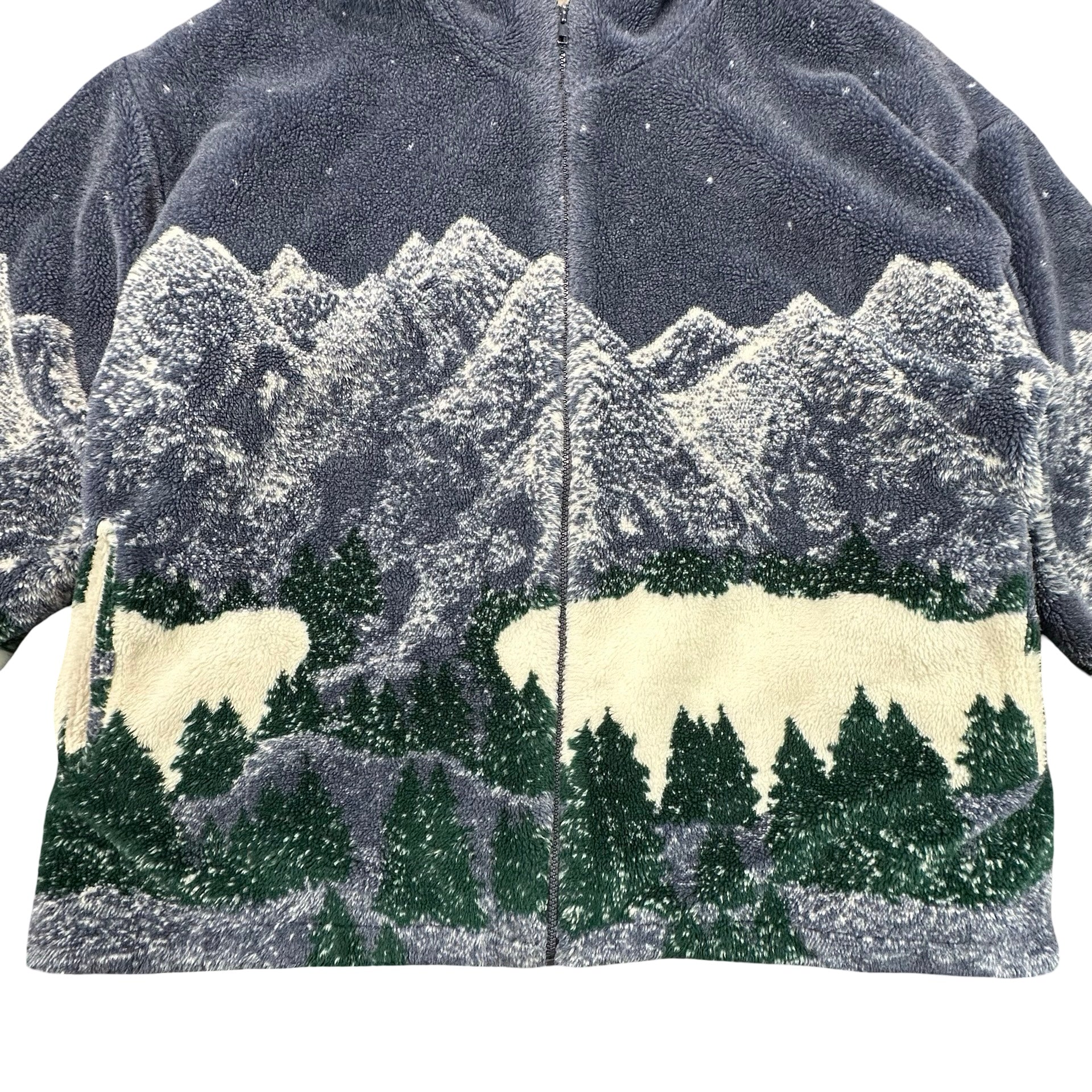 Vintage Country Woods Sherpa Lined Mountain Wolf Print Fleece Zip Jacket 2XL