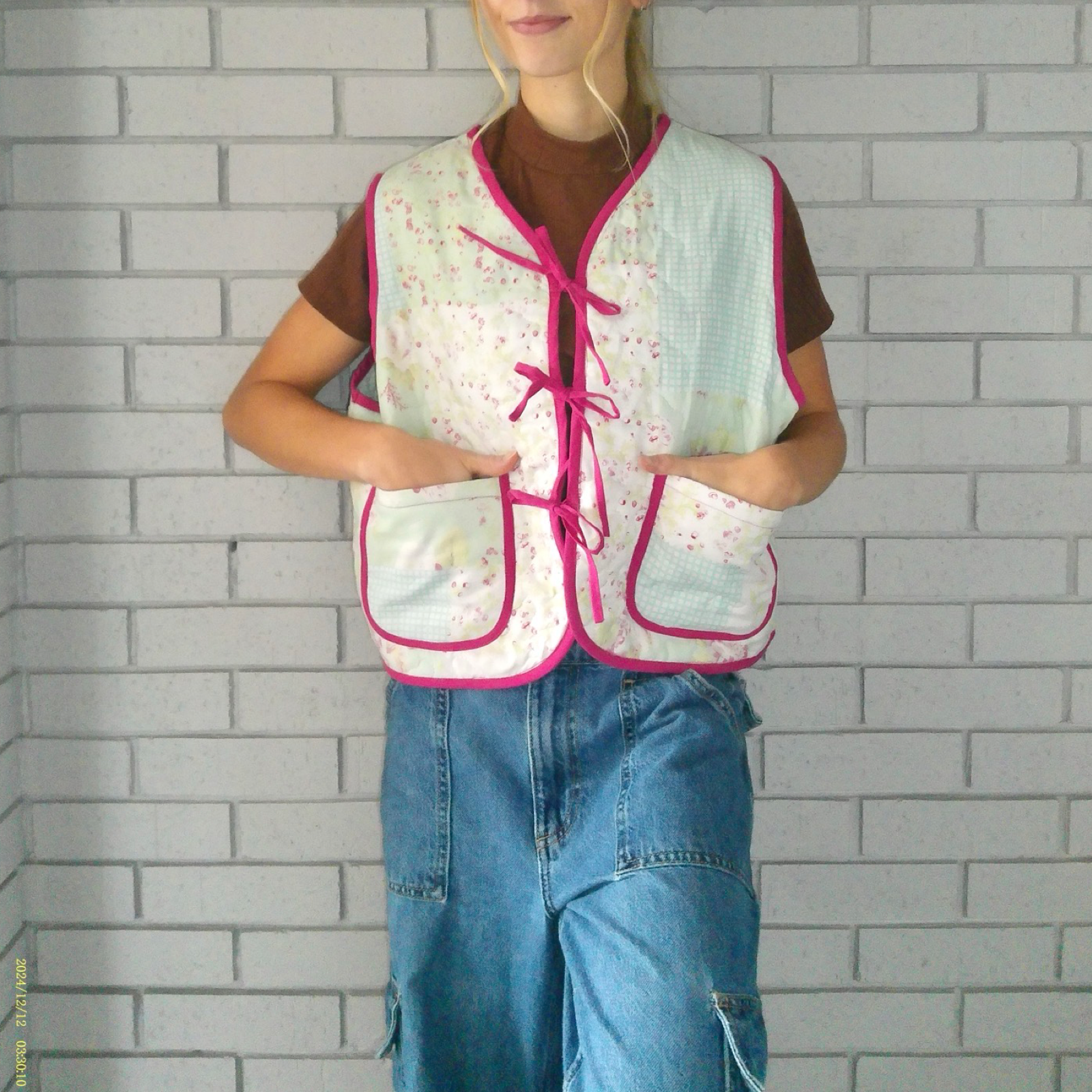 Blue Gingham Large Quilted Vest Rework