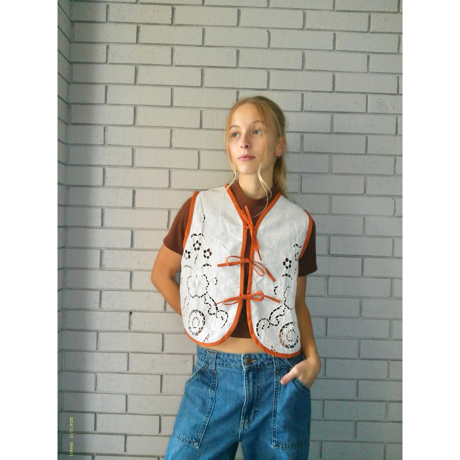 Burnt Orange & Lace Small Linen Tie Top Rework