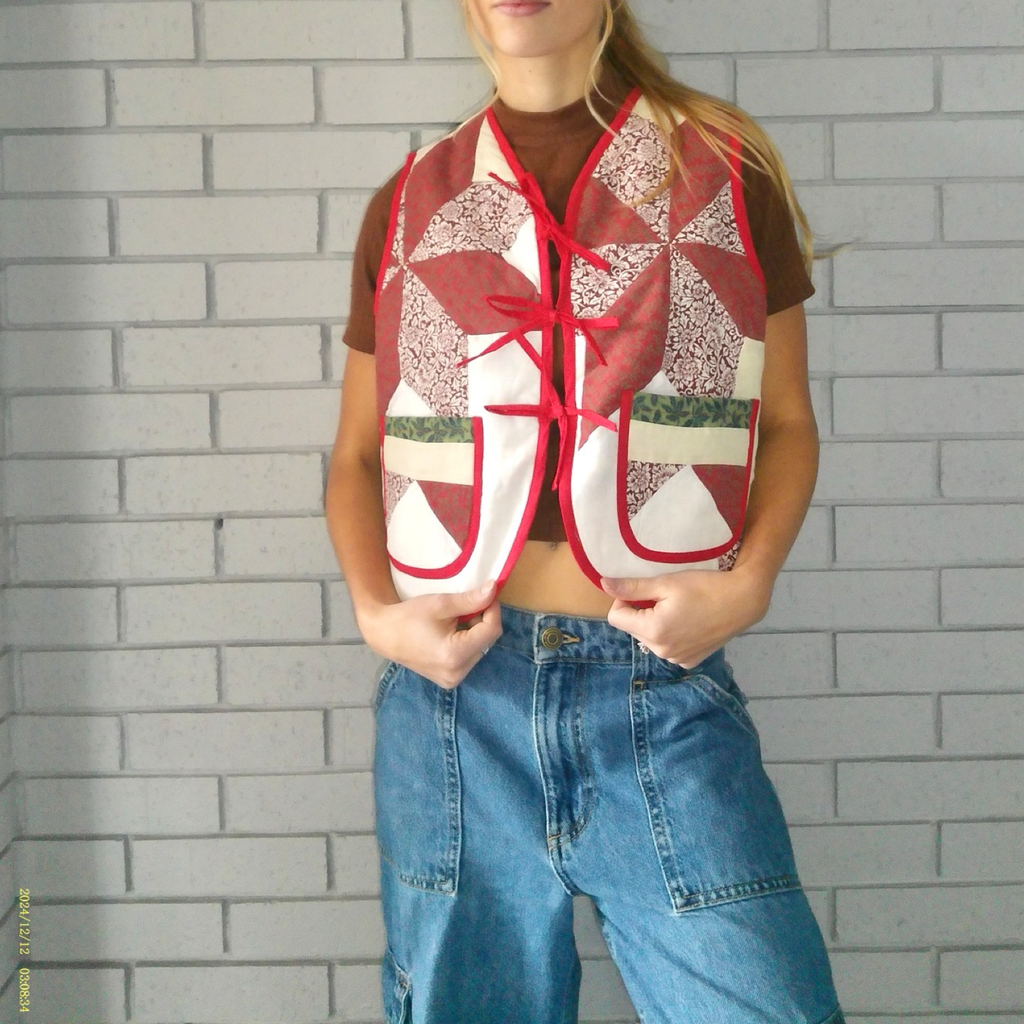 Geometric Red & Green Quilted Vest Reworks