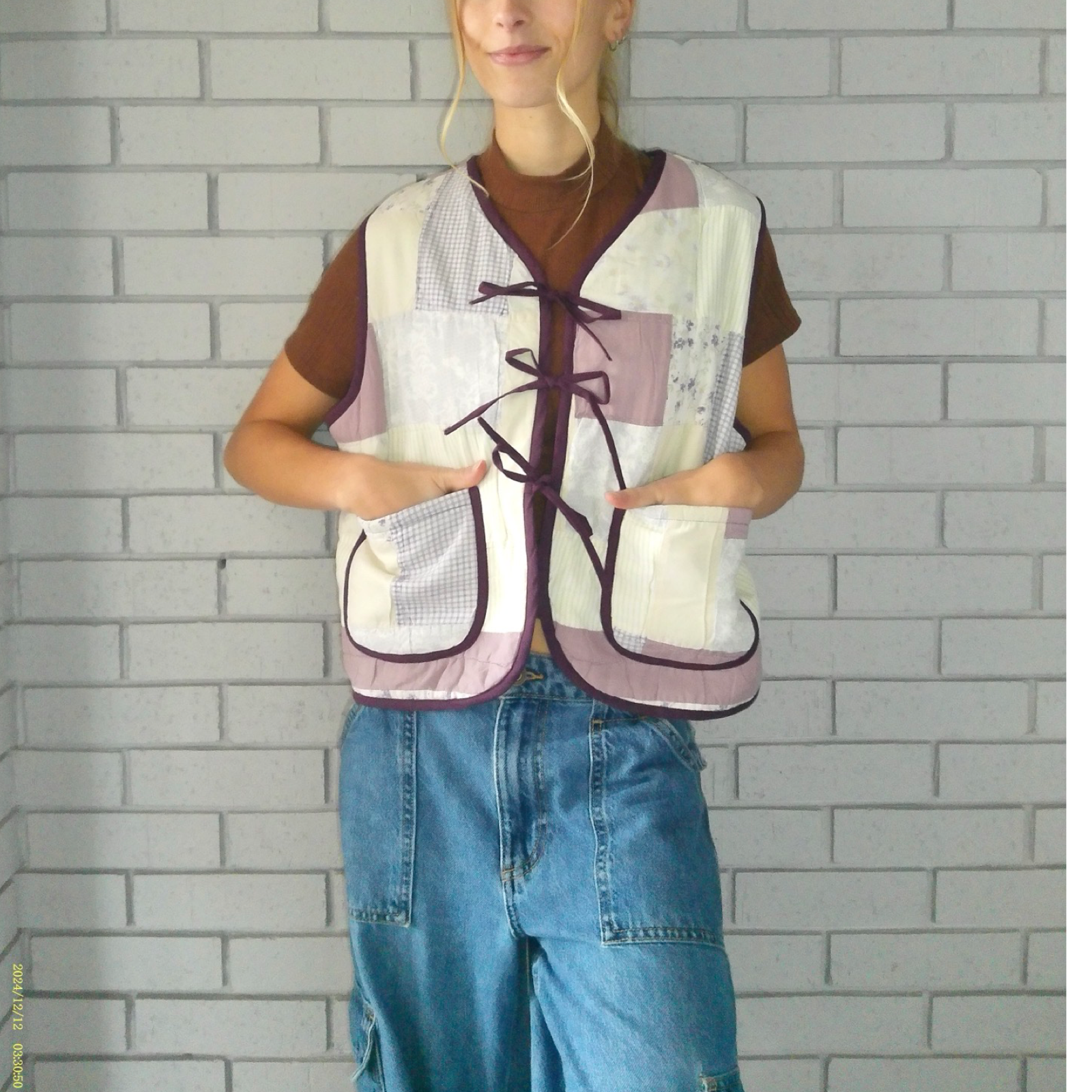 Purple Gingham Large Quilted Vest Rework