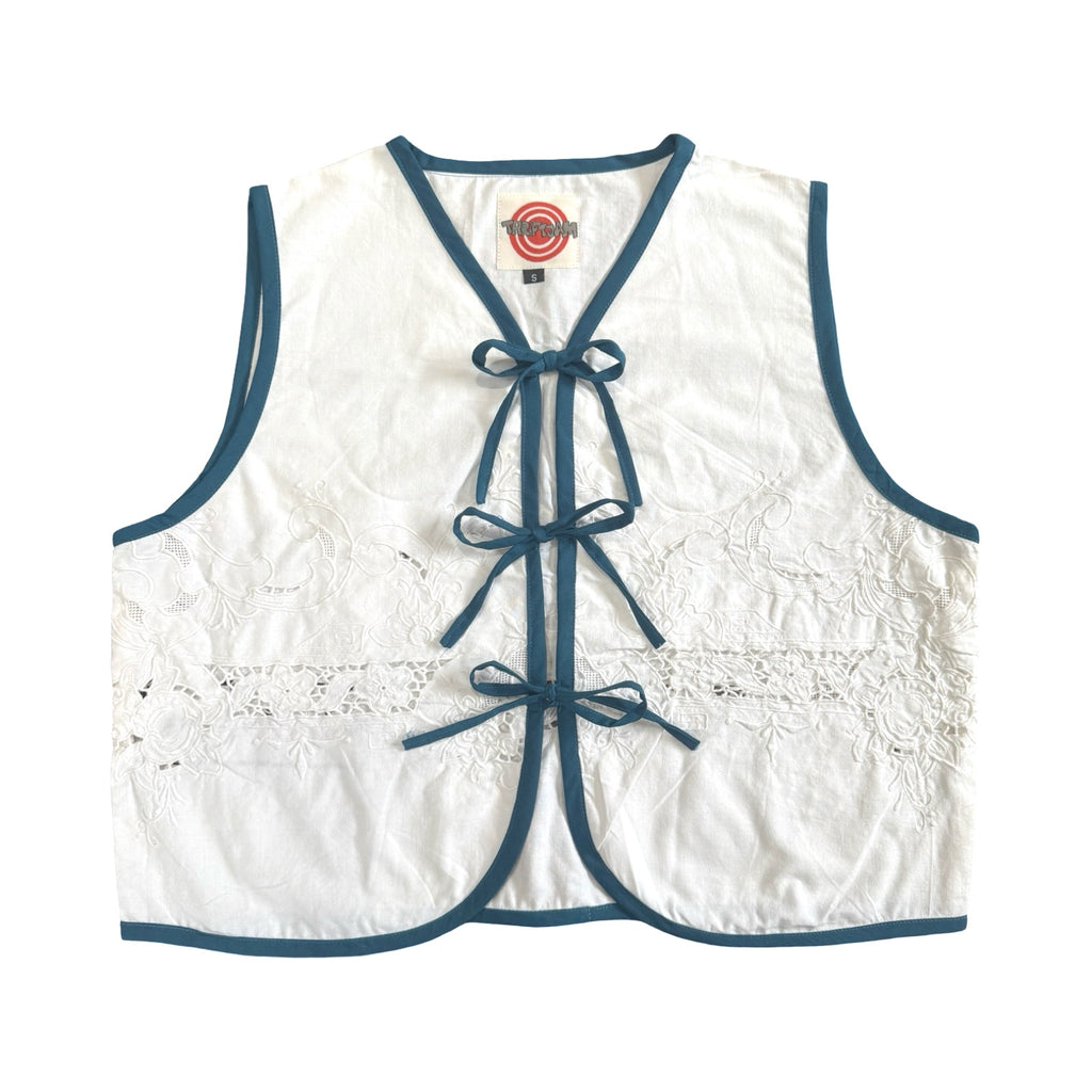 Turquoise Lace Small Linen Tie Top Rework