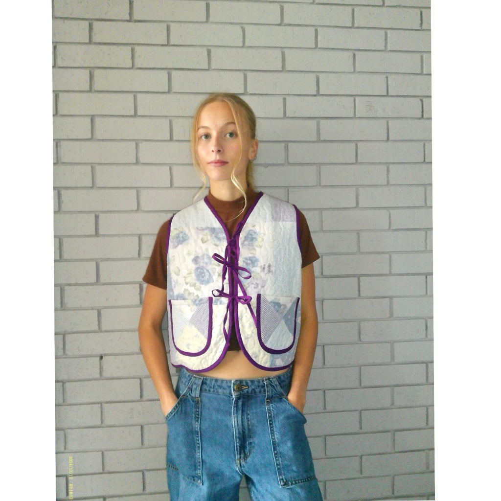 Blue Gingham & Florals Quilted Vest Rework