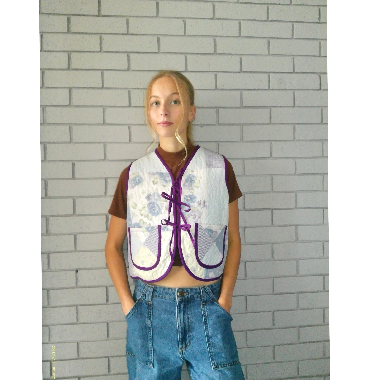 Blue Gingham & Florals Quilted Vest Rework