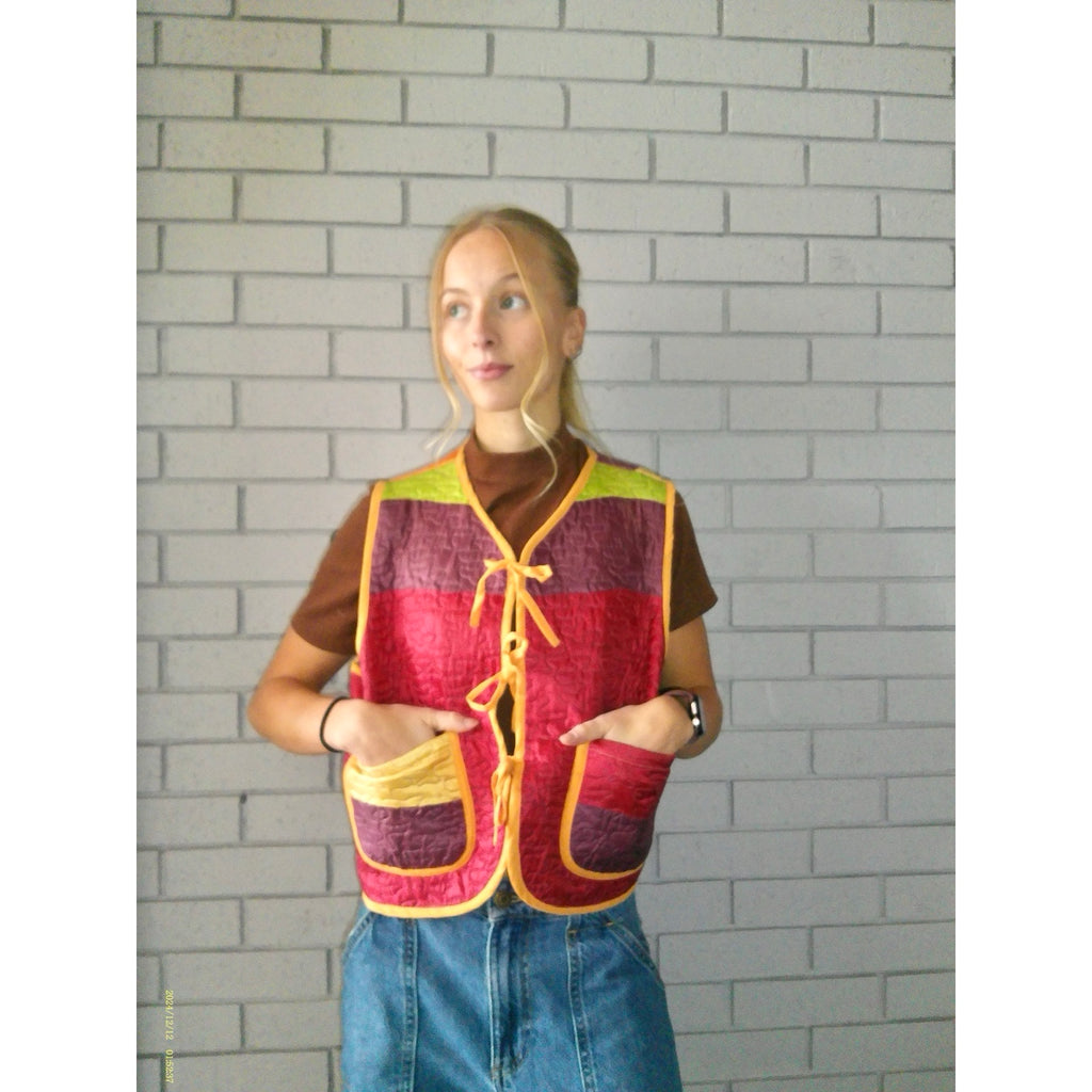 Warm Satin Colorblock Medium Quilted Vest Rework