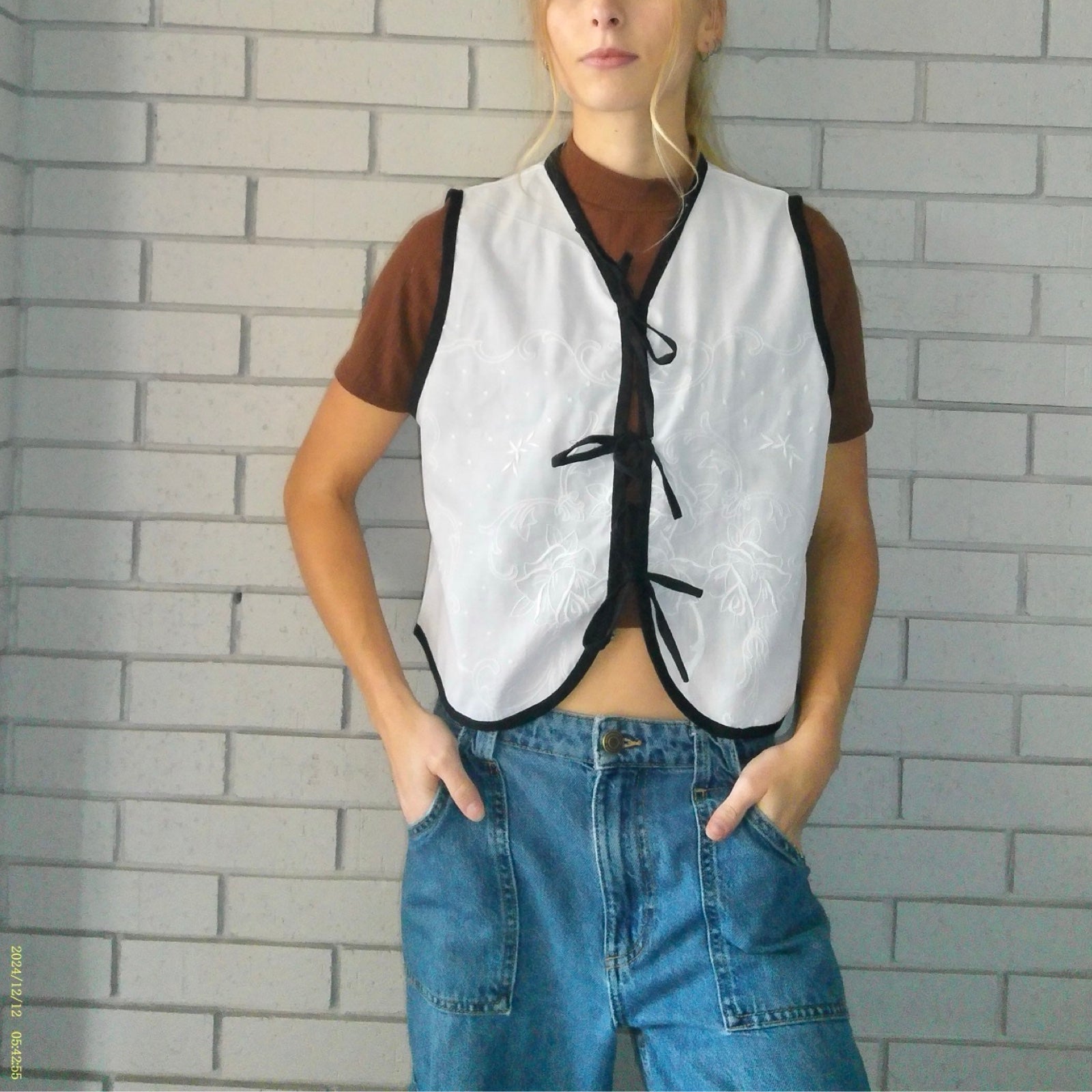 White on Black Small Linen Tie Top Rework