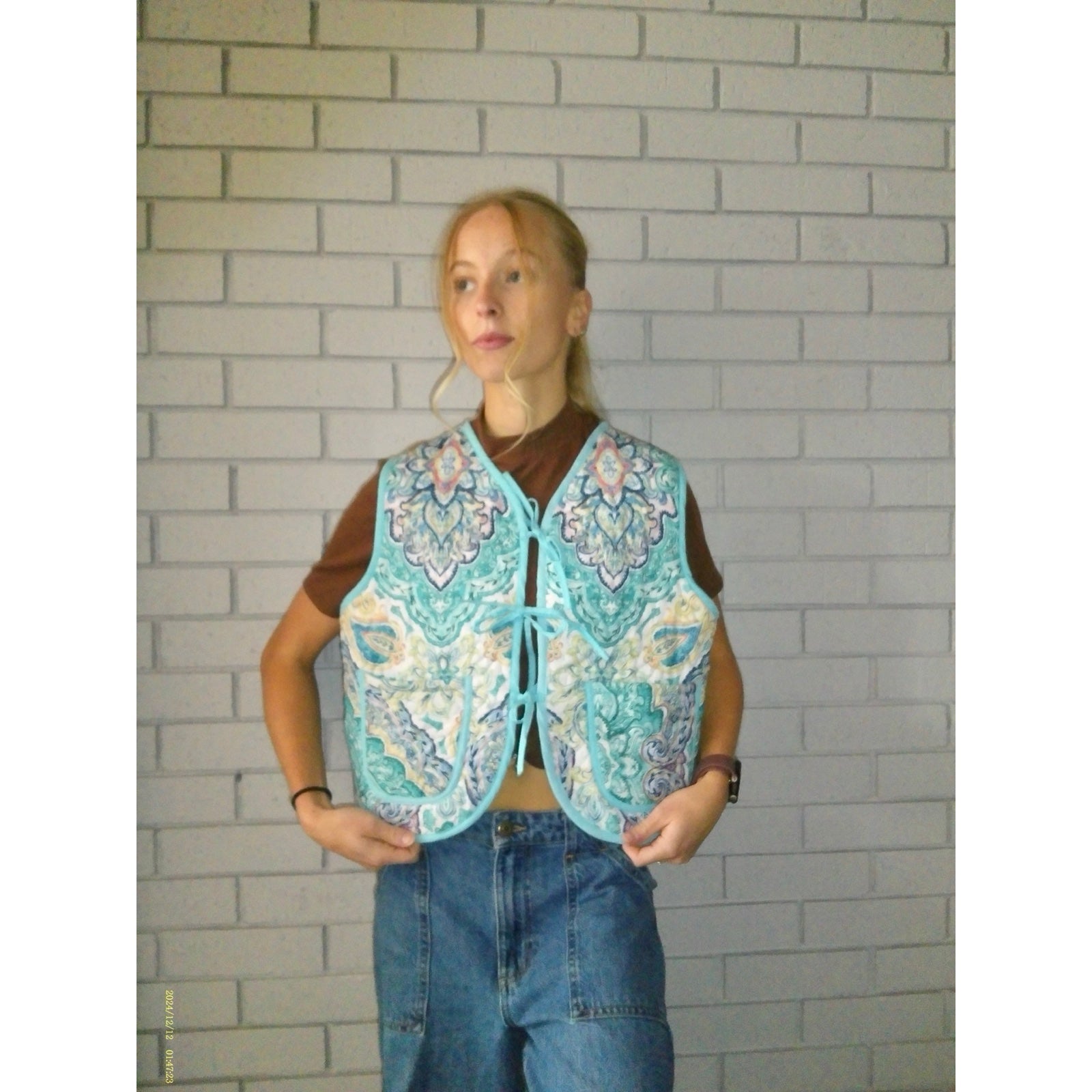 Turquoise Medallion Medium Quilted Vest Rework