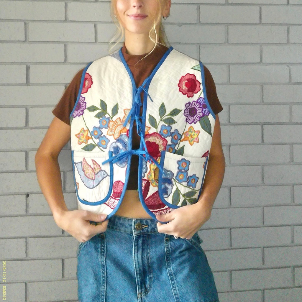 Embroidered Florals Quilted Vest Rework