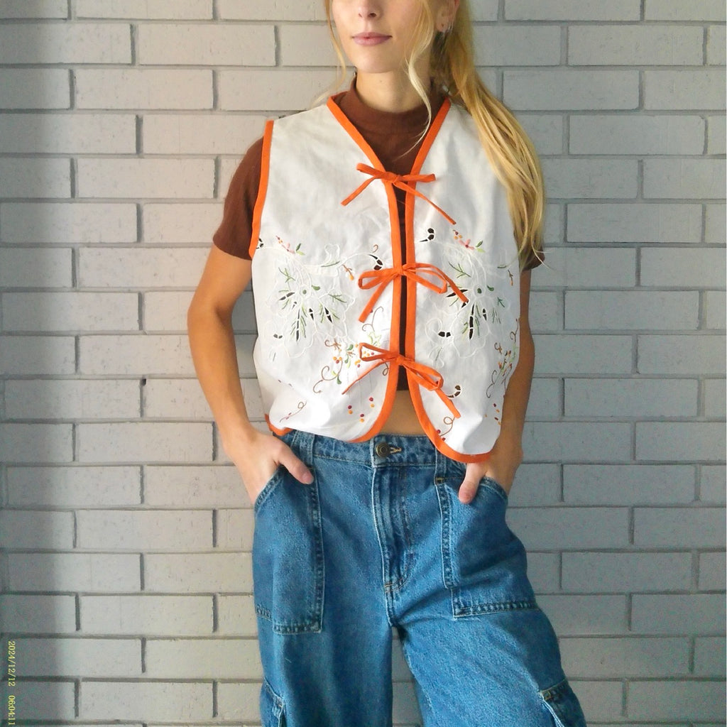 Flowering Orange Medium Linen Tie Top Rework