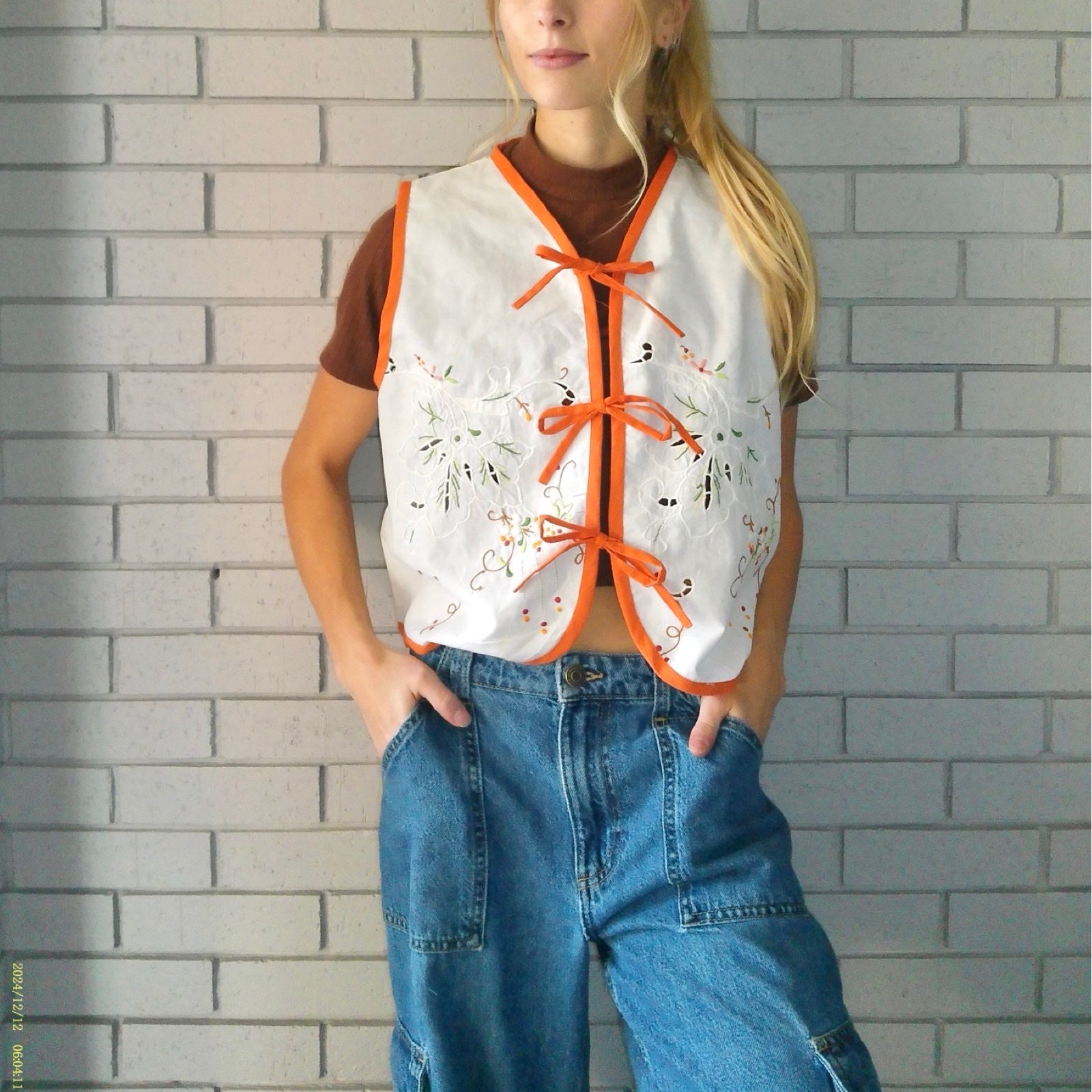 Flowering Orange Medium Linen Tie Top Rework