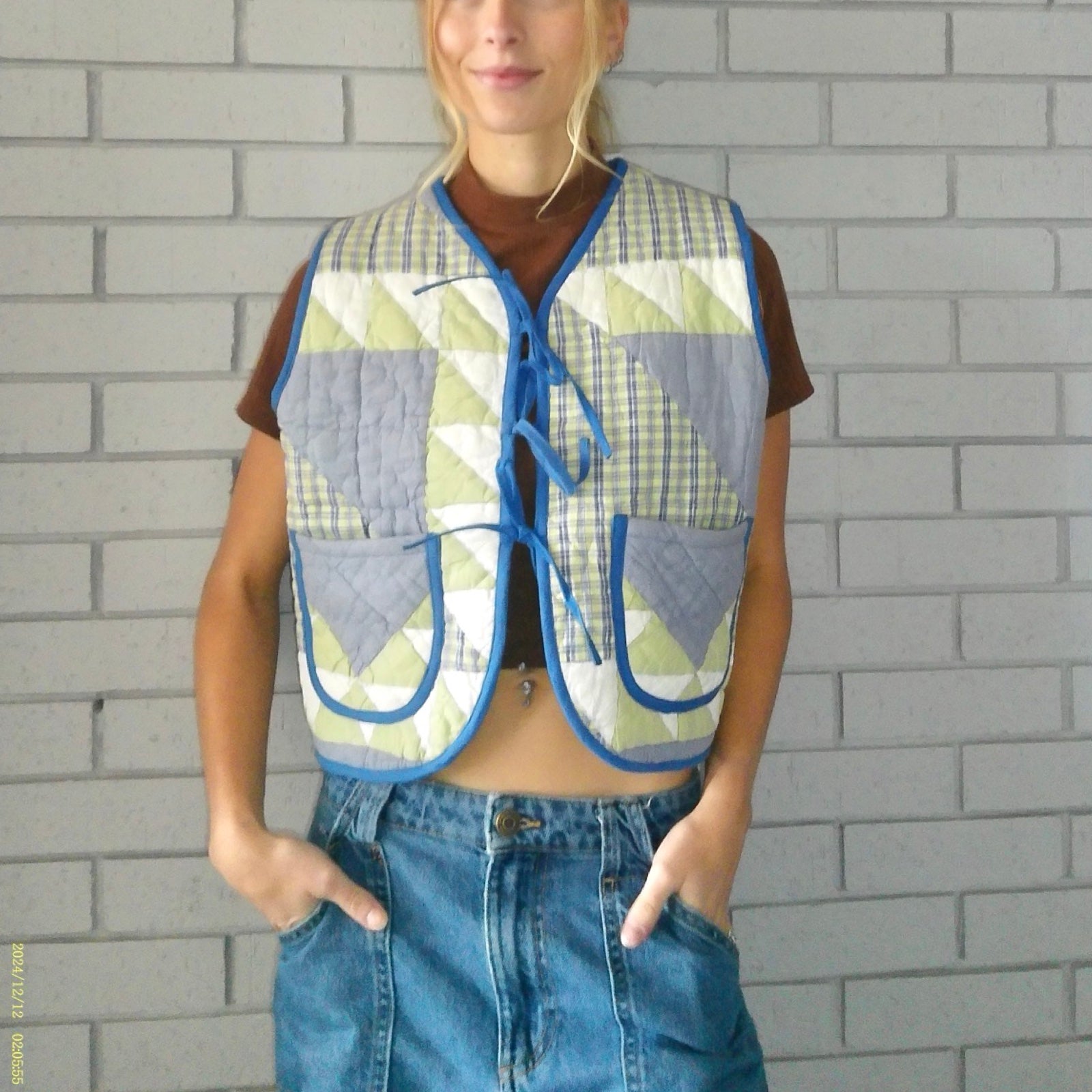 Gingham Greens & Blues Quilted Vest Rework