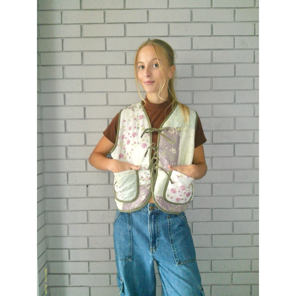 Green & Pink Florals Quilted Vest Reworks