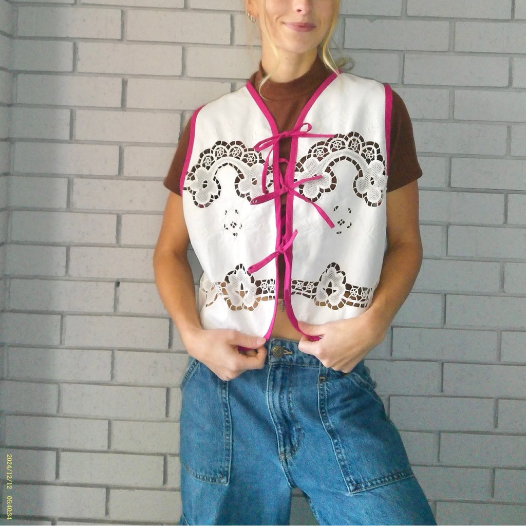 Pretty in Pink Small Linen Tie Top Rework