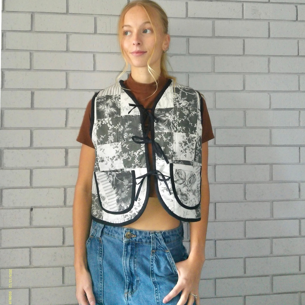 B&W Florals Quilted Vest Reworks