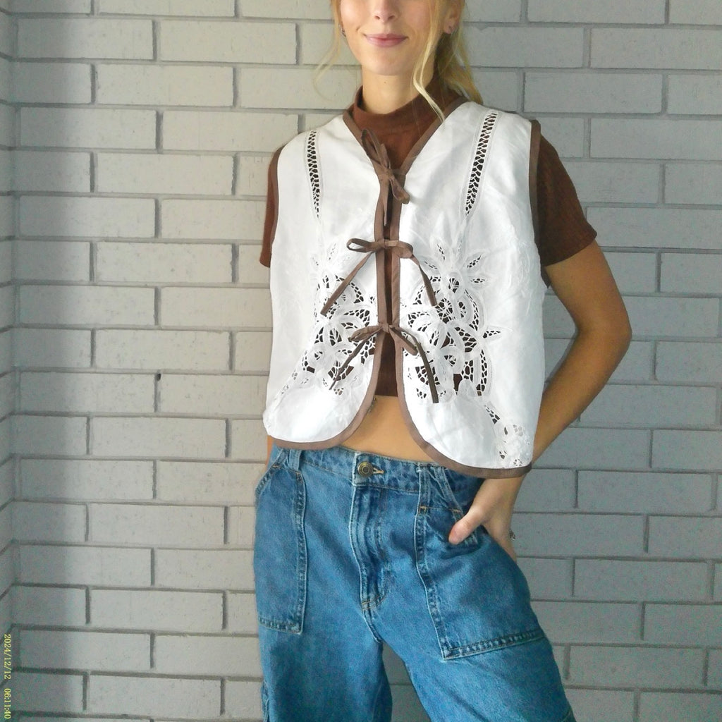 Simple Brown Medium Linen Tie Top Rework