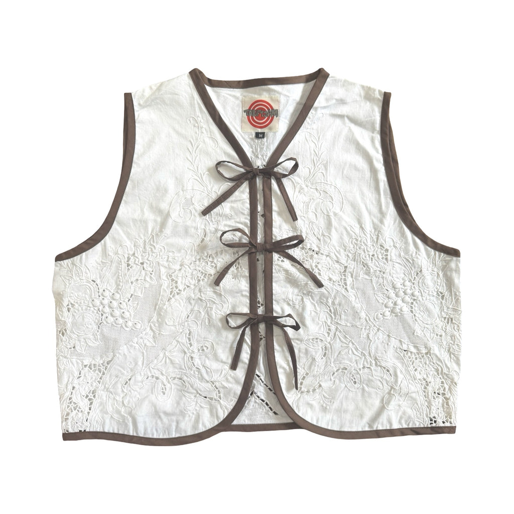 Neutral Lace Medium Linen Tie Top Rework
