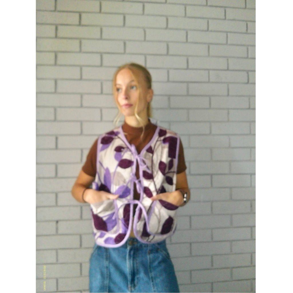 Lavender Plum Leaf Medium Quilted Vest Rework