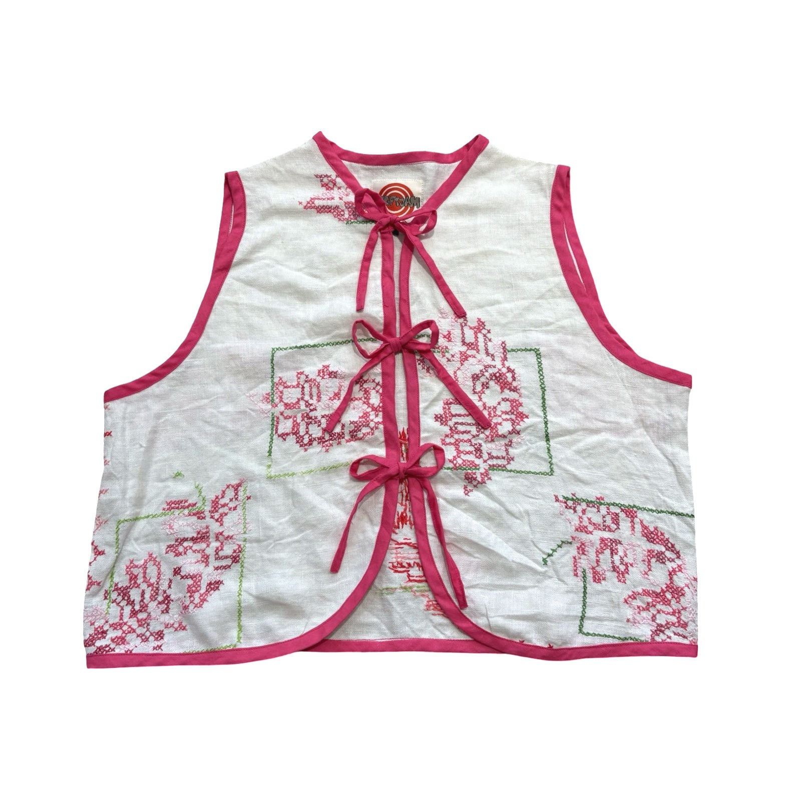 Pink Embroidery XS Linen Tie Top Rework