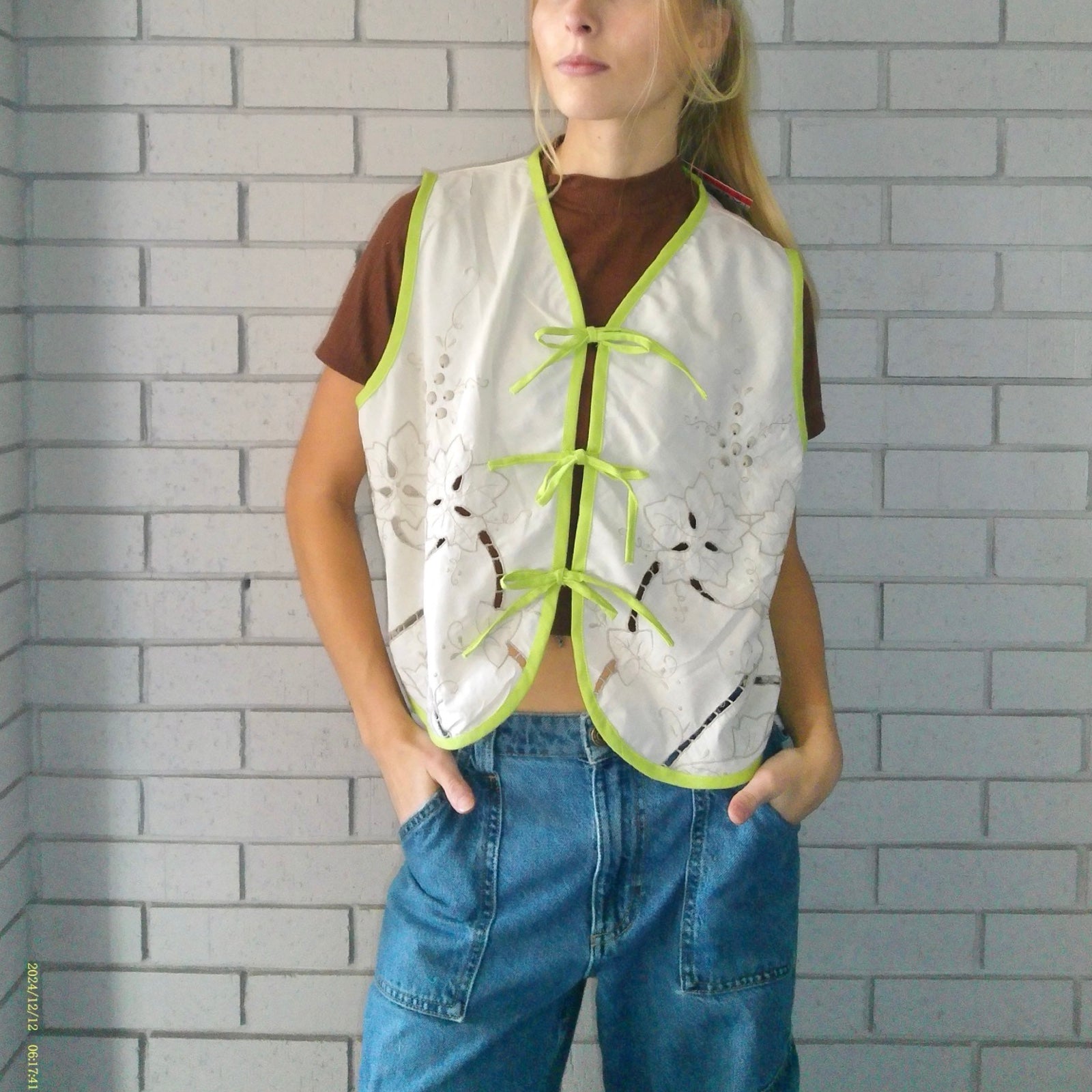 Lime Vines Large Linen Tie Top Rework