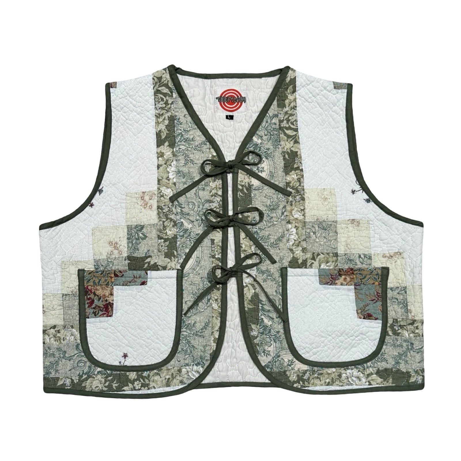Green Floral Embroidery Quilted Vest Reworks