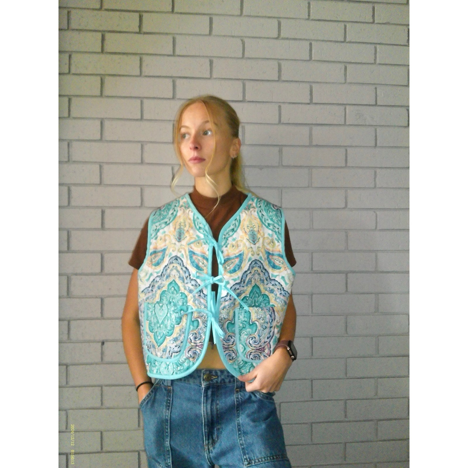 Turquoise Medallion Small Quilted Vest Rework