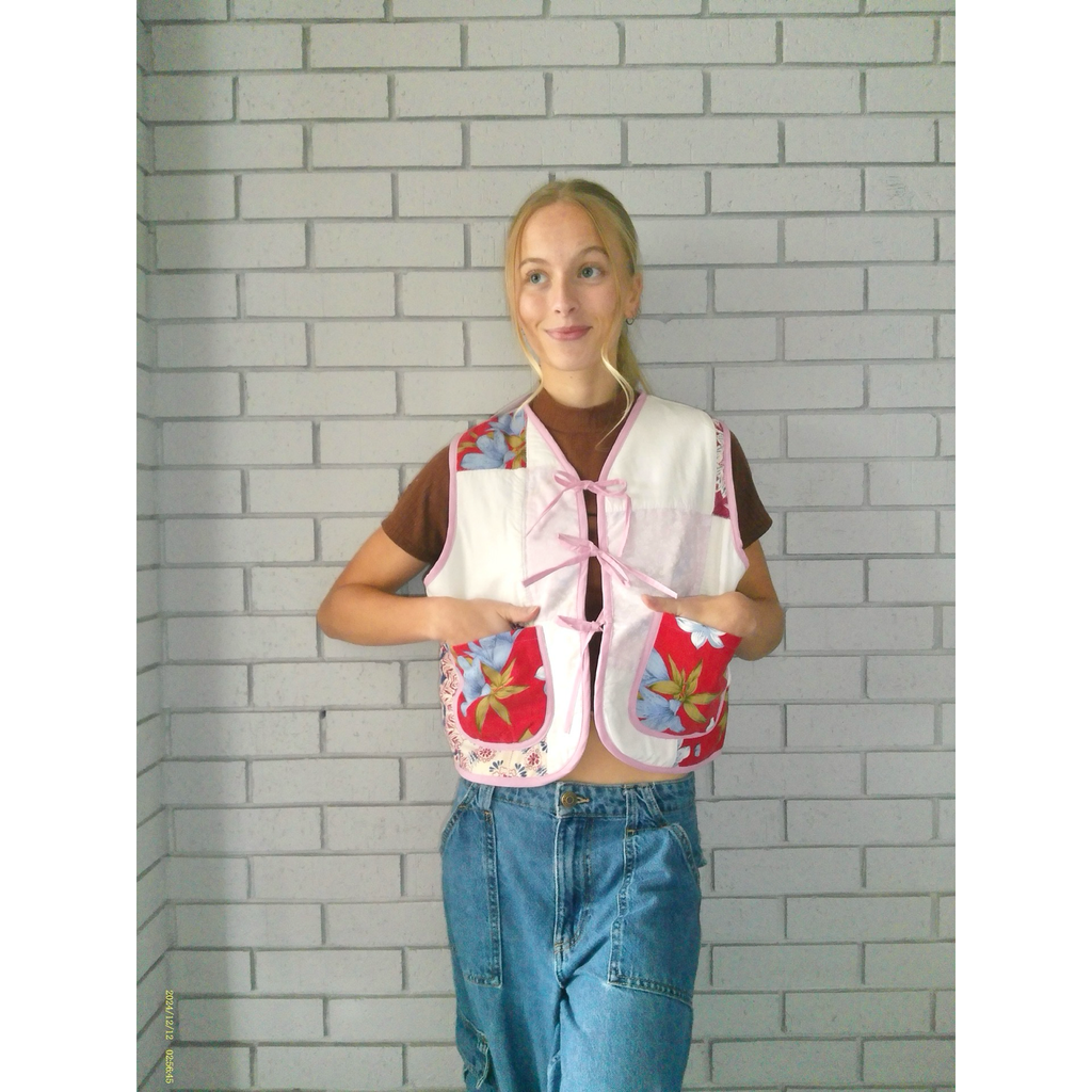 Pink & Red Florals Small Quilted Vest Rework