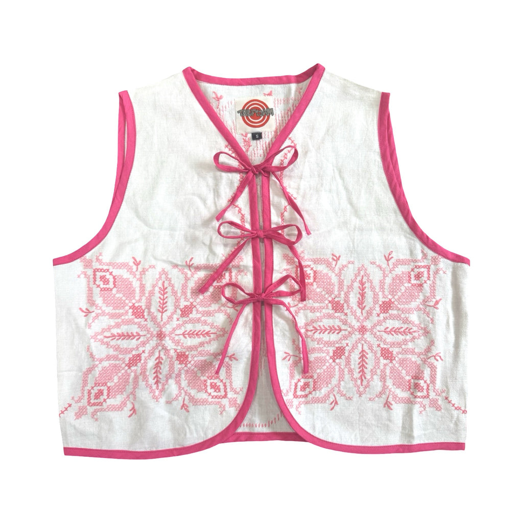 Pixeled Pink Small Linen Tie Top Rework